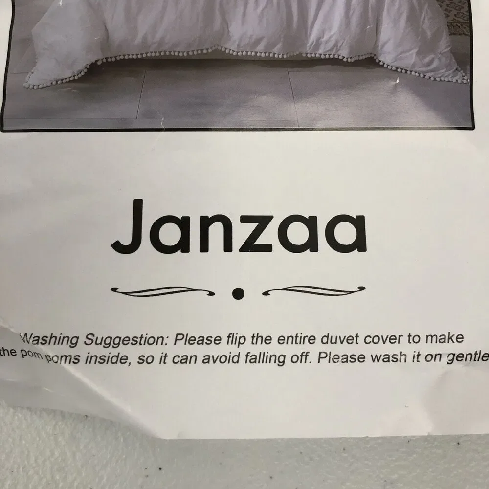 JANZAA DUVET COVER Sham Queen White Pom Ball Zipper Polyester Bed Bedroom